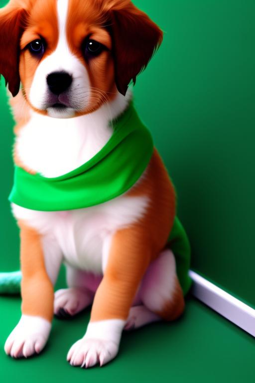a cute little puppy in a green background standing up wearing clothes.
